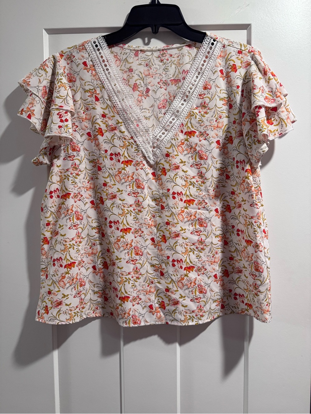 Lace-Trim Floral V-Neck Blouse - Pink/Cream